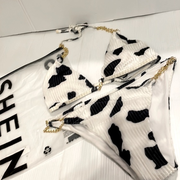 New In Bag SHEIN 2pc Bikini Bathing Suit Blk/ white print w/chain detail size XL - Picture 12 of 12